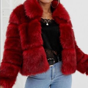 Beautiful feathery faux fur coat red